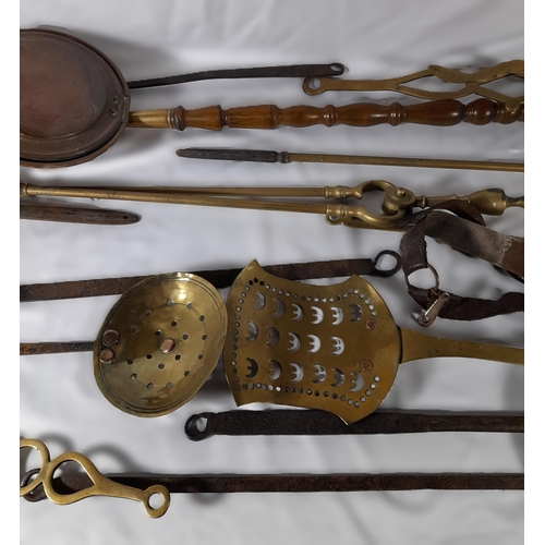 201 - A GROUP OF 19TH CENTURY BRASS & COPPER WARES, the lot includes brass fire irons, copper bed warmer a... 