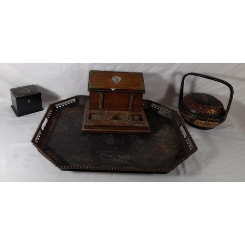 203 - A VINTAGE OAK INK STAND, A VICTORIAN LACQUERED CADDY BOX, A LACQUERED CHINOSERIE COVERED BOX, along ... 