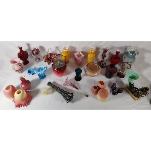 209 - A MIXED GROUP OF VINTAGE COLOURED GLASS WARE, mostly 19th century, including an attractive biscuit b... 