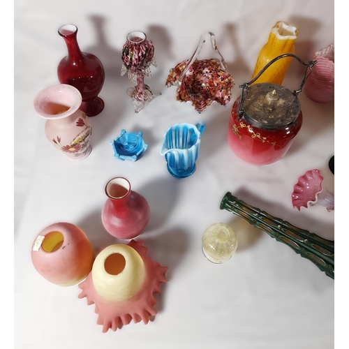 209 - A MIXED GROUP OF VINTAGE COLOURED GLASS WARE, mostly 19th century, including an attractive biscuit b... 