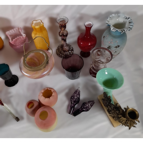 209 - A MIXED GROUP OF VINTAGE COLOURED GLASS WARE, mostly 19th century, including an attractive biscuit b... 