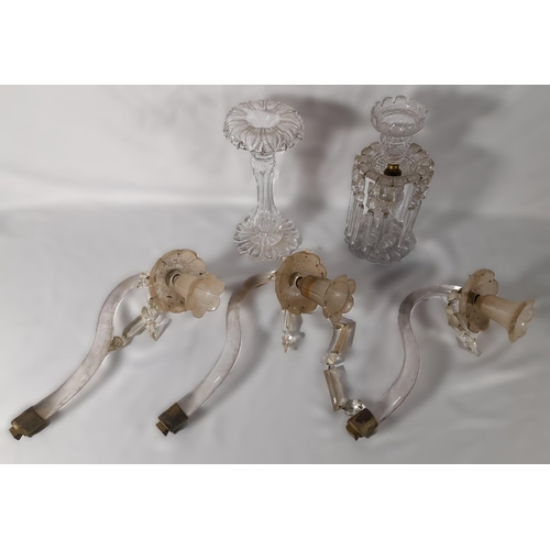 205 - TWO 19TH CENTURY GLASS LUSTRE CANDLESTICKS AND EIGHT CURVED GLASS BRANCHES, along with a large quant... 