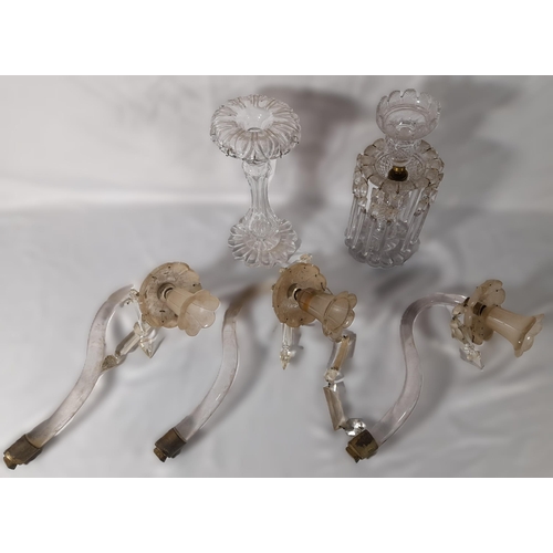 205 - TWO 19TH CENTURY GLASS LUSTRE CANDLESTICKS AND EIGHT CURVED GLASS BRANCHES, along with a large quant... 