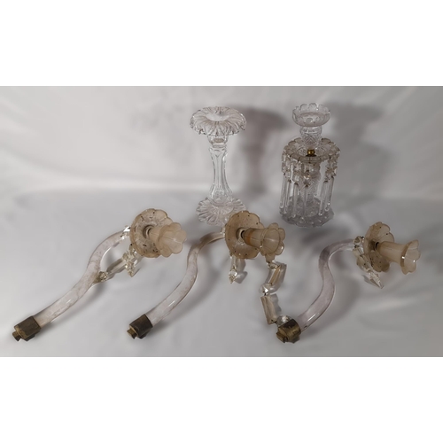 205 - TWO 19TH CENTURY GLASS LUSTRE CANDLESTICKS AND EIGHT CURVED GLASS BRANCHES, along with a large quant... 