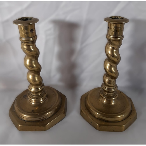 215 - EIGHT PAIRS OF 19TH CENTURY BRASS CANDLESTICKS, various styles and sizes, including knopped pillar a... 