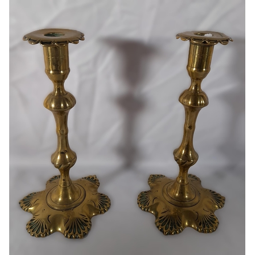 215 - EIGHT PAIRS OF 19TH CENTURY BRASS CANDLESTICKS, various styles and sizes, including knopped pillar a... 