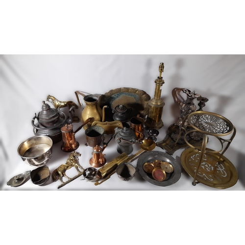 217 - A MIXED GROUP OF COPPER, BRASS AND SILVER PLATED WARES, 19TH/20TH CENTURY, the lot includes a trivet... 