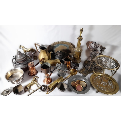 217 - A MIXED GROUP OF COPPER, BRASS AND SILVER PLATED WARES, 19TH/20TH CENTURY, the lot includes a trivet... 