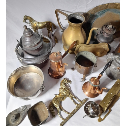 217 - A MIXED GROUP OF COPPER, BRASS AND SILVER PLATED WARES, 19TH/20TH CENTURY, the lot includes a trivet... 