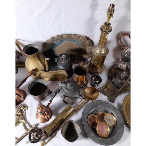 217 - A MIXED GROUP OF COPPER, BRASS AND SILVER PLATED WARES, 19TH/20TH CENTURY, the lot includes a trivet... 