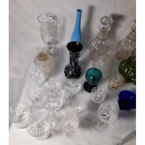 220 - A MIXED GROUP OF VINTAGE GLASS WARE, the lot includes four decanters,  satin glass gourd vase and a ... 