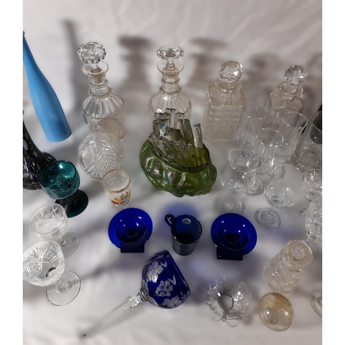 220 - A MIXED GROUP OF VINTAGE GLASS WARE, the lot includes four decanters,  satin glass gourd vase and a ... 