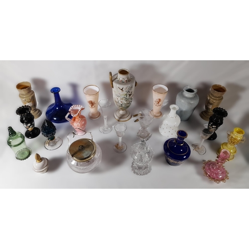 221 - A GROUP OF MIXED VINTAGE GLASS WARES, the lot includes three 18th century air twist stemmed glasses,... 