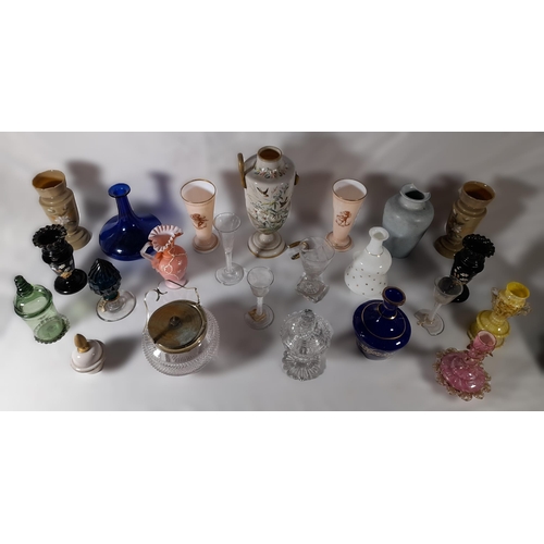 221 - A GROUP OF MIXED VINTAGE GLASS WARES, the lot includes three 18th century air twist stemmed glasses,... 