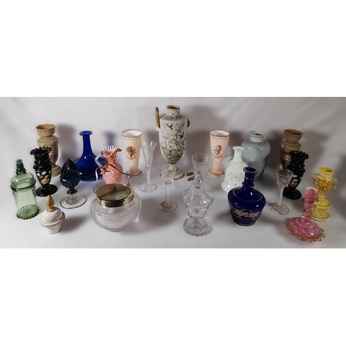 221 - A GROUP OF MIXED VINTAGE GLASS WARES, the lot includes three 18th century air twist stemmed glasses,... 