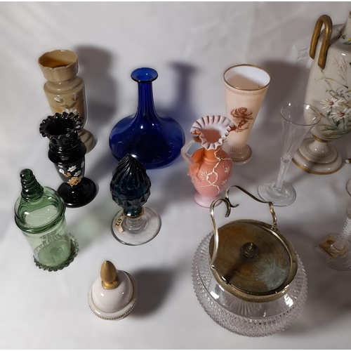 221 - A GROUP OF MIXED VINTAGE GLASS WARES, the lot includes three 18th century air twist stemmed glasses,... 