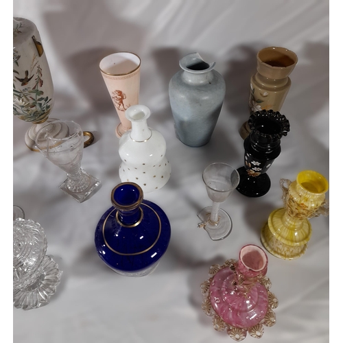 221 - A GROUP OF MIXED VINTAGE GLASS WARES, the lot includes three 18th century air twist stemmed glasses,... 