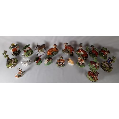 223 - A MIXED GROUP OF EARLY 19TH CENTURY ANIMAL MOUNTED BOCAGE MODELS, mostly Staffordshire, depicting de... 