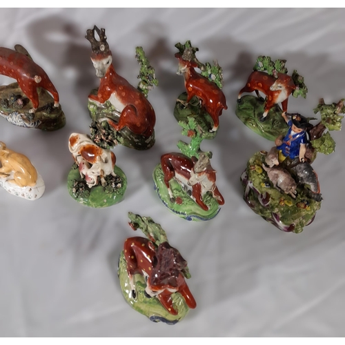 223 - A MIXED GROUP OF EARLY 19TH CENTURY ANIMAL MOUNTED BOCAGE MODELS, mostly Staffordshire, depicting de... 