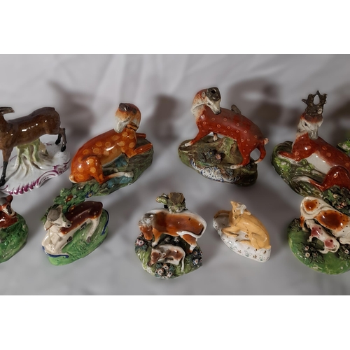 223 - A MIXED GROUP OF EARLY 19TH CENTURY ANIMAL MOUNTED BOCAGE MODELS, mostly Staffordshire, depicting de... 