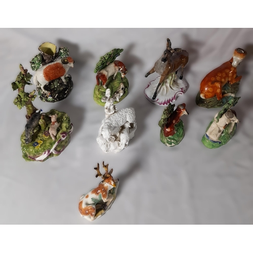 223 - A MIXED GROUP OF EARLY 19TH CENTURY ANIMAL MOUNTED BOCAGE MODELS, mostly Staffordshire, depicting de... 