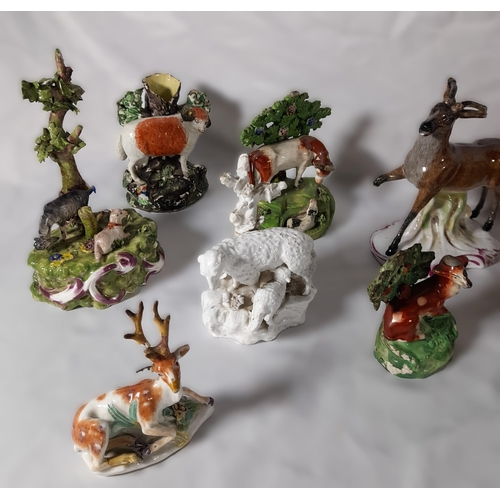 223 - A MIXED GROUP OF EARLY 19TH CENTURY ANIMAL MOUNTED BOCAGE MODELS, mostly Staffordshire, depicting de... 