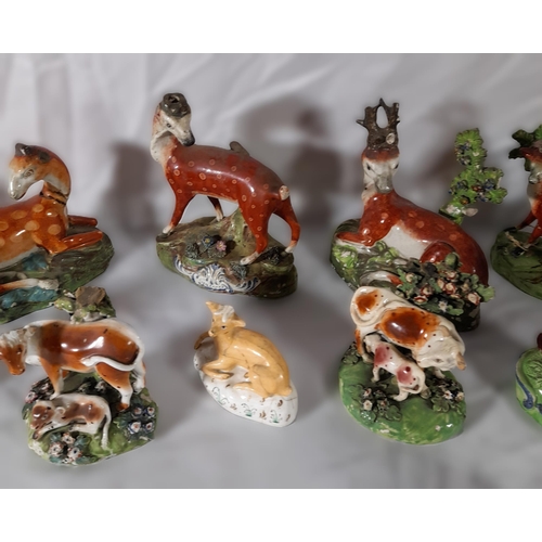 223 - A MIXED GROUP OF EARLY 19TH CENTURY ANIMAL MOUNTED BOCAGE MODELS, mostly Staffordshire, depicting de... 