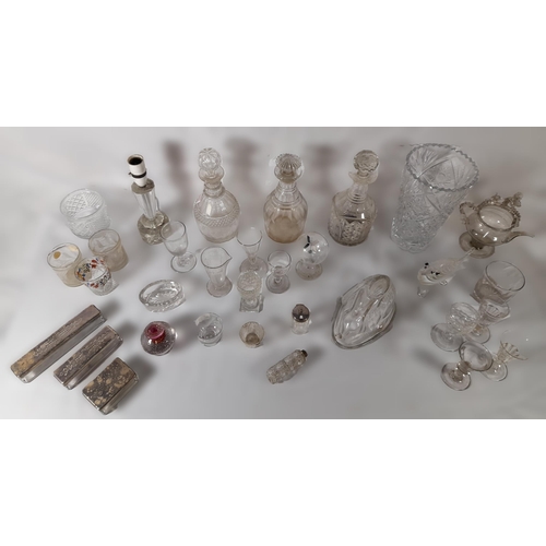 208 - A MIXED GROUP OF VINTAGE GLASS WARES, the lot includes three decanters, a large 19th century cut gla... 