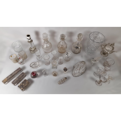 208 - A MIXED GROUP OF VINTAGE GLASS WARES, the lot includes three decanters, a large 19th century cut gla... 