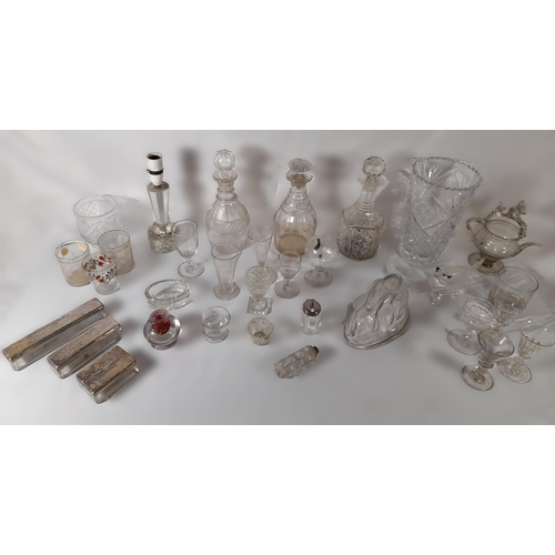 208 - A MIXED GROUP OF VINTAGE GLASS WARES, the lot includes three decanters, a large 19th century cut gla... 