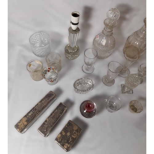 208 - A MIXED GROUP OF VINTAGE GLASS WARES, the lot includes three decanters, a large 19th century cut gla... 