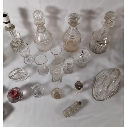 208 - A MIXED GROUP OF VINTAGE GLASS WARES, the lot includes three decanters, a large 19th century cut gla... 