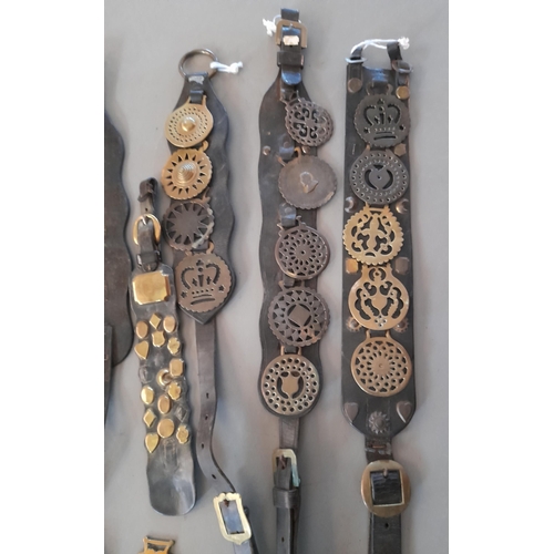 227 - A COLLECTION OF PREDOMINANTLY 19TH CENTURY LEATHER MARTINGALE STRAPS WITH ASSOCIATED HORSE BRASSES A... 