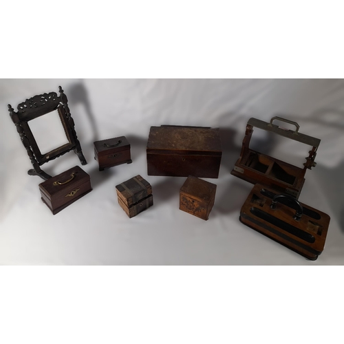 228 - A GROUP OF 19TH CENTURY MAHOGANY TEA CADDIES AND BOXES, along with a tantatalus, ink stand and a mot... 