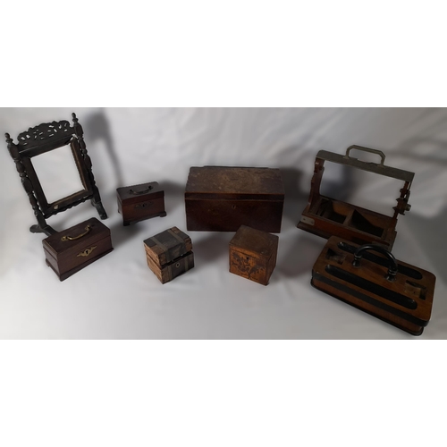 228 - A GROUP OF 19TH CENTURY MAHOGANY TEA CADDIES AND BOXES, along with a tantatalus, ink stand and a mot... 