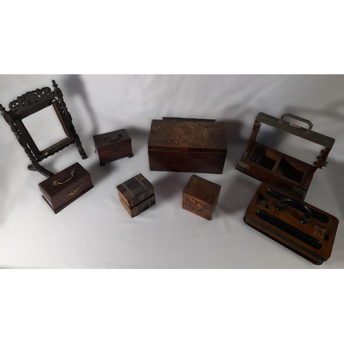 228 - A GROUP OF 19TH CENTURY MAHOGANY TEA CADDIES AND BOXES, along with a tantatalus, ink stand and a mot... 