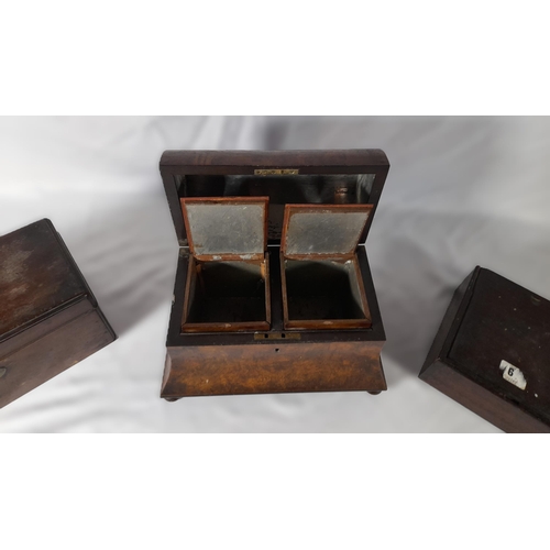 230 - A 19TH  CENTURY WALNUT TEA CADDY,  outswept form with domed cover and compartmented interior, along ... 