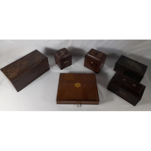 231 - A VICTORIAN ROSEWOOD TEA CADDY  AND FOUR MAHOGANY TEA CADDIES, square form and rectangular form, som... 