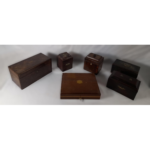 231 - A VICTORIAN ROSEWOOD TEA CADDY  AND FOUR MAHOGANY TEA CADDIES, square form and rectangular form, som... 