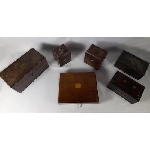 231 - A VICTORIAN ROSEWOOD TEA CADDY  AND FOUR MAHOGANY TEA CADDIES, square form and rectangular form, som... 