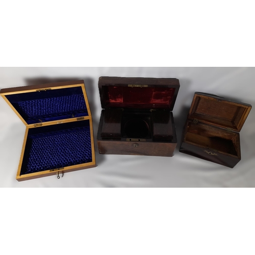 231 - A VICTORIAN ROSEWOOD TEA CADDY  AND FOUR MAHOGANY TEA CADDIES, square form and rectangular form, som... 