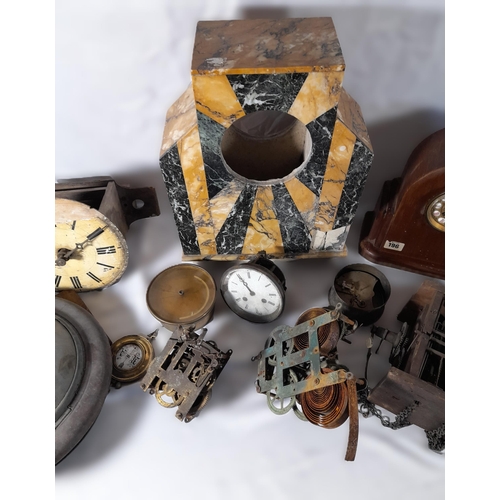 233 - A LARGE VINTAGE ART DECO MARBLE CLOCK CASE, along with various clock movements, cases, faces and oth... 