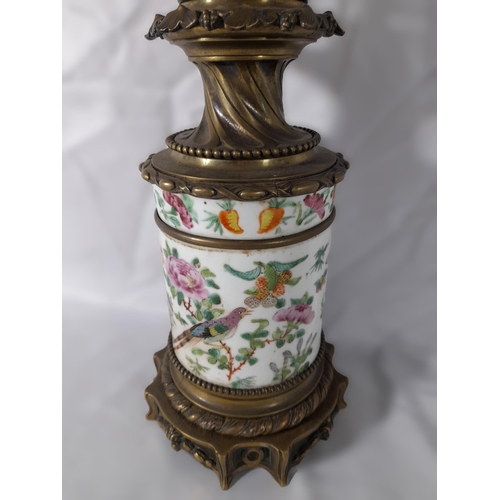 237 - A GROUP OF SIX 19TH CENTURY OIL LAMP BASES, including a Chinese porcelain lamp base, four coloured g... 