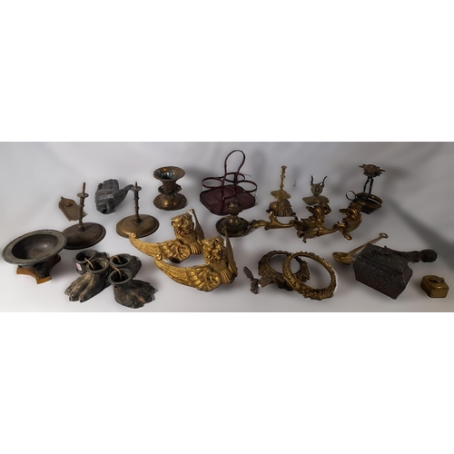 239 - A MIXED GROUP OF VINTAGE METAL WARES, including ornate gilt metal mounts with winged lion masks, a c... 