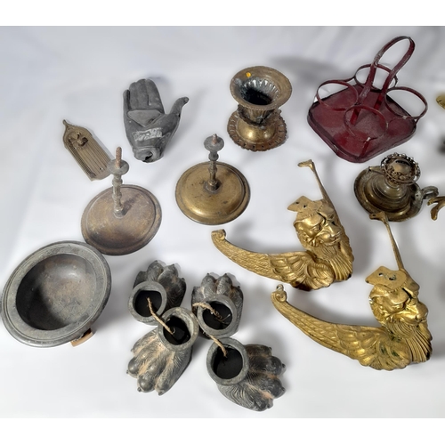 239 - A MIXED GROUP OF VINTAGE METAL WARES, including ornate gilt metal mounts with winged lion masks, a c... 