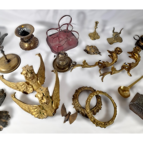 239 - A MIXED GROUP OF VINTAGE METAL WARES, including ornate gilt metal mounts with winged lion masks, a c... 