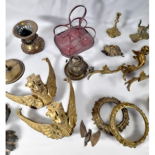 239 - A MIXED GROUP OF VINTAGE METAL WARES, including ornate gilt metal mounts with winged lion masks, a c... 