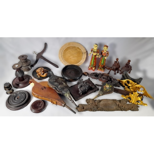 240 - A MIXED GROUP OF TREEN WARES, the lot includes a pair of painted Indian figures, Chinese hardwood st... 