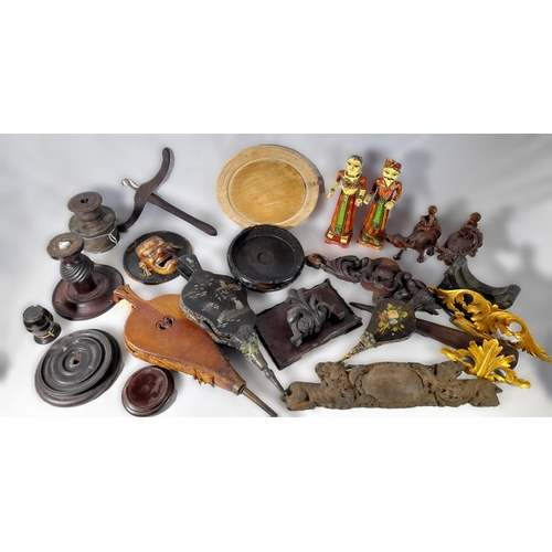 240 - A MIXED GROUP OF TREEN WARES, the lot includes a pair of painted Indian figures, Chinese hardwood st... 