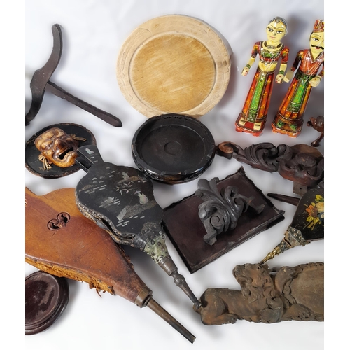 240 - A MIXED GROUP OF TREEN WARES, the lot includes a pair of painted Indian figures, Chinese hardwood st... 